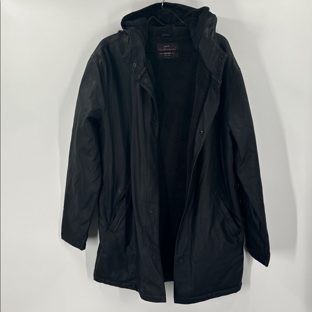 Weatherproof Vintage Men's Medium Black Faux Leather Sherpa Lined Hooded Jacket